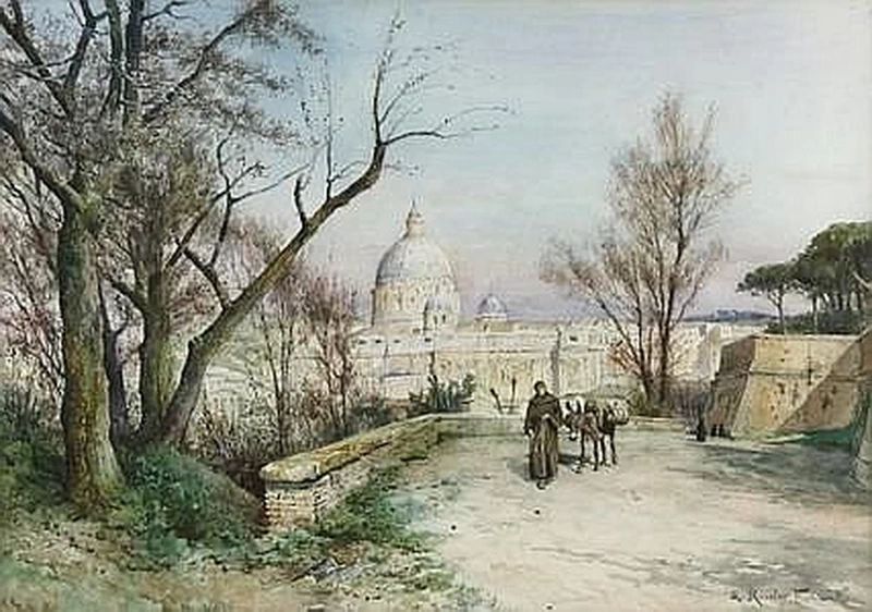 Veduta della Basilica di San Pietro dal Palatino, con un monaco che guida un asino attraverso il cortile